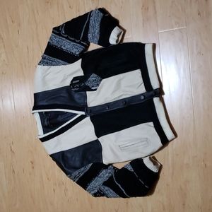 ❤ VINTAGE | Leather & Knit Black & Offwhite Ivory Button Up Bomber Jacket